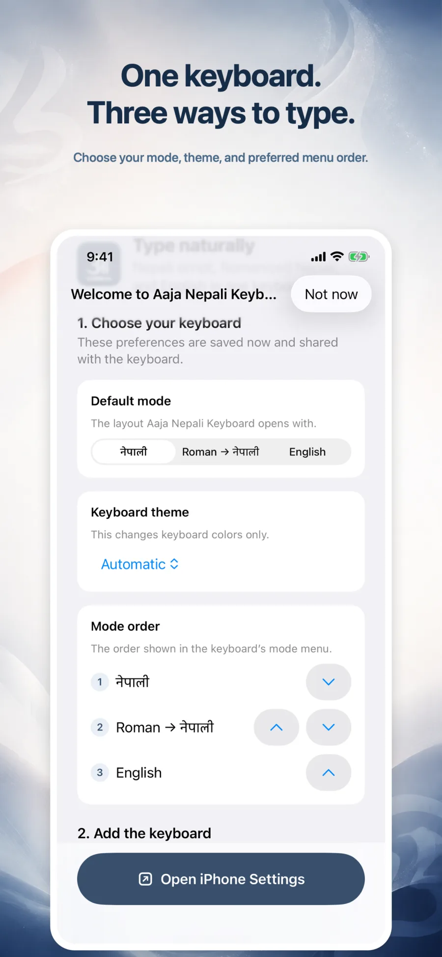 Aaja Nepali Keyboard typing mode and theme settings