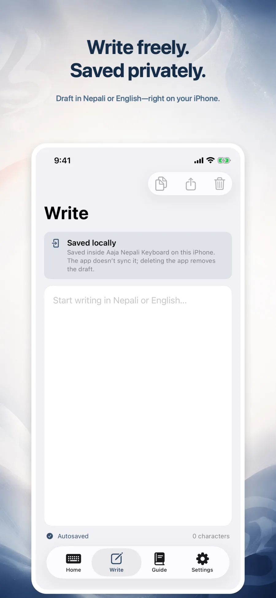 Private writing space with a draft saved locally on iPhone